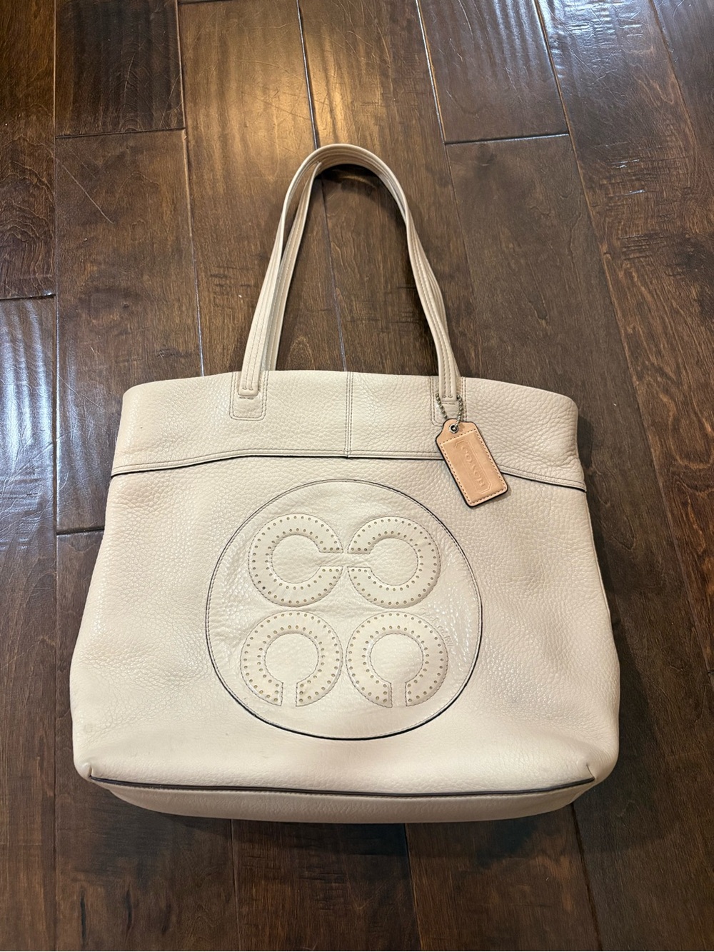 Coach Pebbled Leather Tote in Light Beige with Signature Logo
